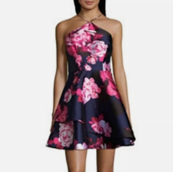 Navy/ Pink Halter Fit and Flare Mini Dress Prom/ Party Floral Satin NWT Sz 11 - Picture 7 of 8